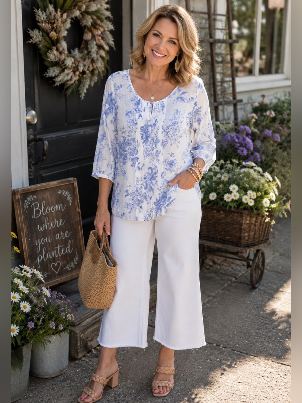 Northern Reflections Blue & White Floral 100% Cotton Blouse Medium